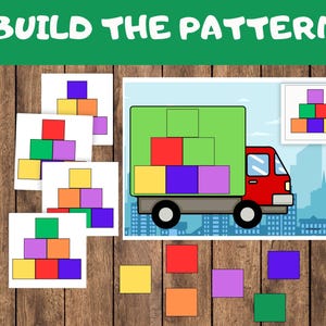 Puede incluir: Una hoja de trabajo imprimible para que los niños construyan un patrón usando bloques de colores. La hoja de trabajo muestra un camión con una pila de bloques en la parte trasera. Debajo del camión hay bloques individuales en amarillo, naranja, rojo, morado y verde. El texto "BUILD THE PATTERN" está en la parte superior de la hoja de trabajo.