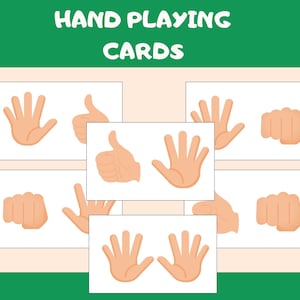Puede incluir: Un conjunto de nueve cartas ilustradas que muestran diferentes gestos con las manos, incluyendo un puño, un pulgar hacia arriba y varios conteos de dedos. Las cartas son blancas con un fondo marrón claro y el texto "HAND PLAYING CARDS" en la parte superior.