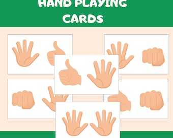 May include: A set of nine illustrated cards featuring different hand gestures, including a fist, a thumbs up, and various finger counts. The cards are white with a light brown background and the text "HAND PLAYING CARDS" at the top.