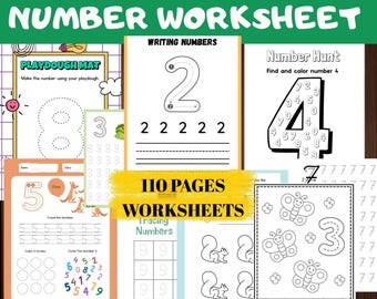 May include: A set of children's number worksheets. The worksheets include tracing numbers, number hunts, and playdough mats. The cover reads "NUMBER WORKSHEET" and "110 PAGES WORKSHEETS". The pages feature numbers 2, 3, 4, 5, 7, 8, and 9.
