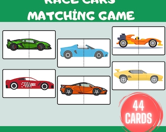 May include: A set of 44 cards featuring different race cars, split in half for a matching game. The cards are on a green background with the text "RACE CARS MATCHING GAME" at the top and "44 CARDS" in a red circle at the bottom.