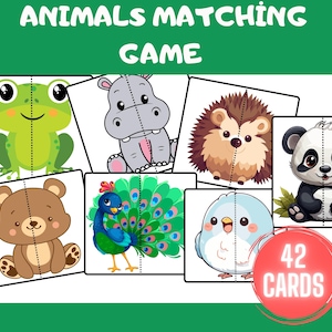 May include: A set of 42 colorful cards featuring various animals, each split in half down the middle. The cards are designed for a matching game, encouraging children to find the matching halves of each animal.