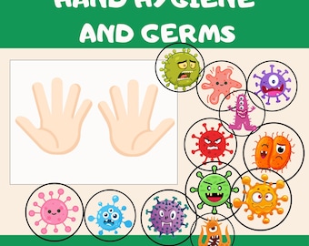 May include: An illustration showing two hands with the text "HAND HYGIENE AND GERMS".  The hands are surrounded by cartoon germs with different colours and expressions.
