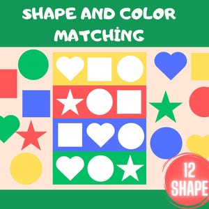 May include: A colorful educational game for kids featuring 12 shapes in different colors. The game is designed to help children learn about shapes and colors by matching them together. The game includes a variety of shapes, including hearts, stars, circles, squares, and rectangles.