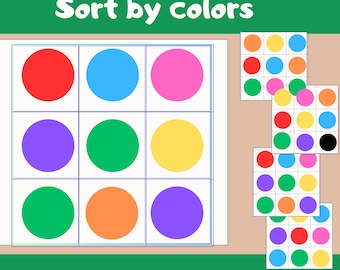 May include: A colour sorting activity for children. The image shows a grid of nine circles in different colours: red, blue, pink, purple, green, yellow, orange, and light purple. Below the grid are three smaller grids with circles of the same colours to be sorted.