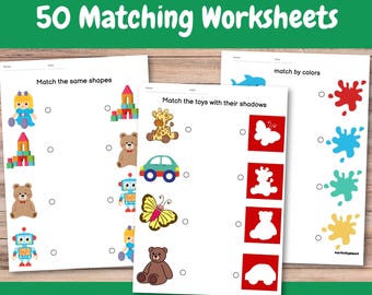 May include: Four printable worksheets for children to practise matching skills. The first worksheet shows a variety of toys and asks children to match them to their shadows. The second worksheet asks children to match the same shapes. The third worksheet asks children to match the toys to their shadows. The fourth worksheet asks children to match colours by connecting the paint splatters to the corresponding colour.