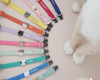 Personalized collar, Hand embroidered, Customized your cat name and paw, Breakaway and adjustable collar for both kitten and adult cat.
