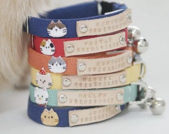 Personalized collar, Engraved leather name tag, customized your cat name and face, Breakaway and adjustable collar for kitten and adult cat.