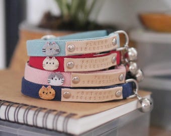Personalized collar, Engraved leather name tag, customized your cat name and face, Breakaway and adjustable collar for kitten and adult cat.