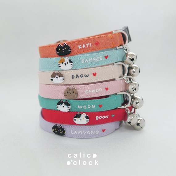 Hand Embroidered Cat Collar: Personalized Cotton Linen, Breakaway Kitten Collar