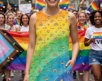 Pride Dress, Rainbow Pronoun Print LGBT Outfit, Gay Pride Parade Dress, LGBTQ Rainbow Love Is Love Gift