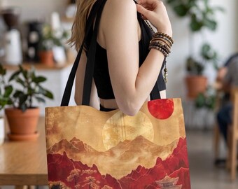 Japanese Sunset Pagoda Tote, Ukiyo-e Style Hinomaru Sun Bag, Crimson Mountain Sumi-e Art Carryall, Asian Art Gift