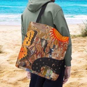 Celestial Sun Moon Tote Bag With Boho Spiritual Artwork, Large 18 Inch Canvas Bag For Everyday Use, Astrology Gift Idea