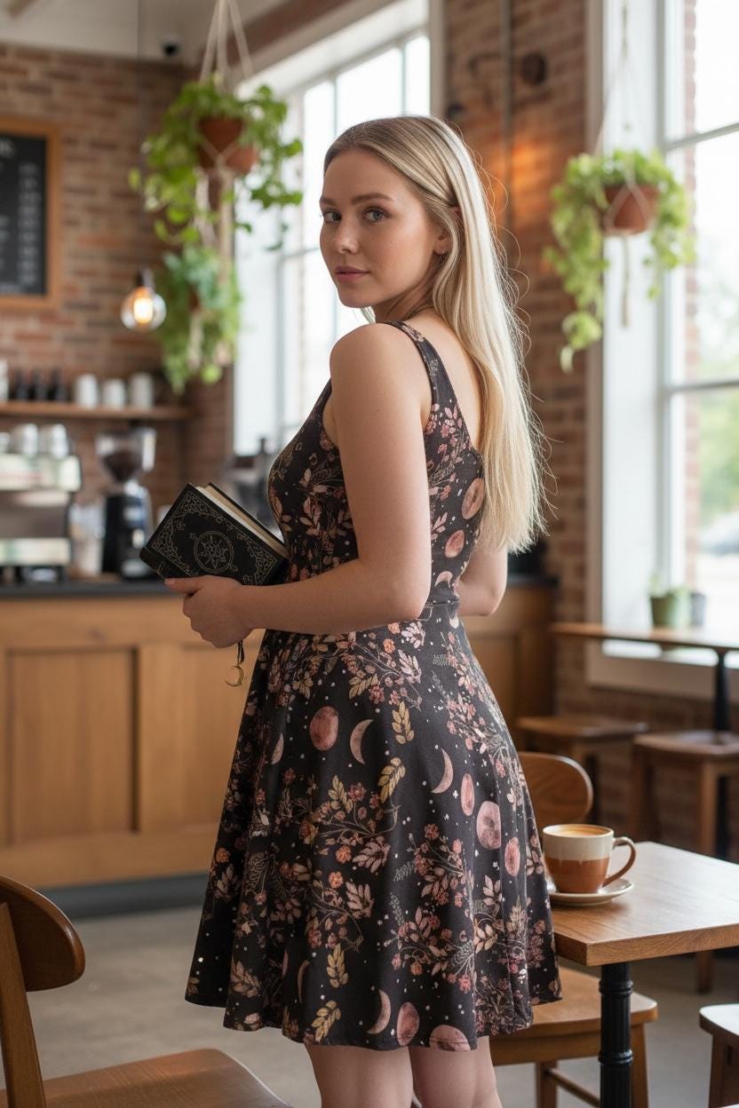 Witchcore Moon Phase Dress, Celestial Botanical Sundress, Dark