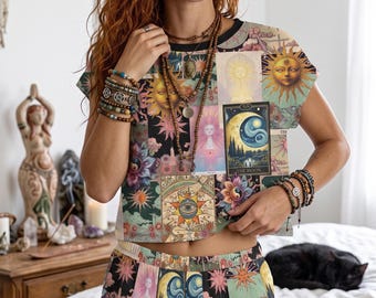 Sun Moon Tarot Loungewear Set, Patchwork Arcana Two Piece Sleepwear, Celestial Witchy Gift