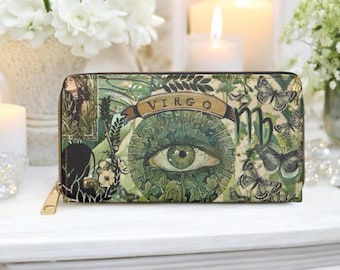 Virgo Zodiac Wallet Zip Around Faux Leather Astrology Art Design