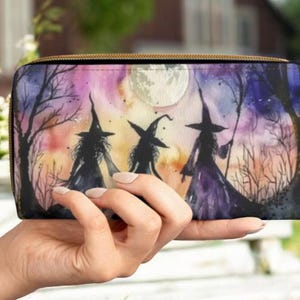 Cartera con cremallera de bruja colorida, monedero con diseño mágico gótico, monedero de Halloween, monedero con arte de bruja, monedero largo místico, monedero espeluznante