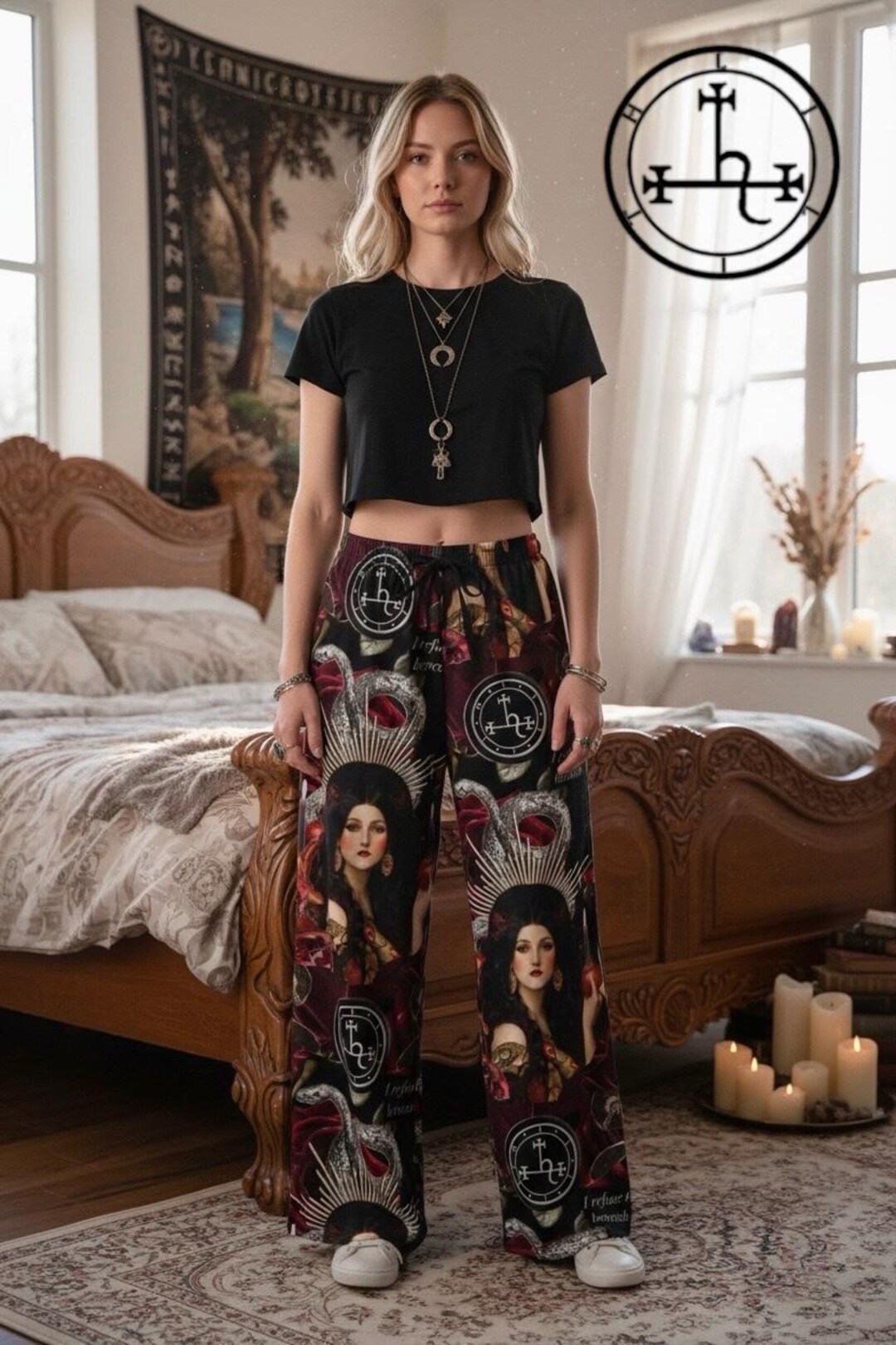 Lilith Pajama Pants Snake Moon Print Gothic Witchcore Occult Lounge ...