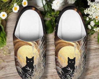 Black Cat Slippers, Witchy Moon Cat Clogs, Celestial Cat Shoes, Gothic Black Cat Gift, Dark Academia Slippers, Black Cat Lover Slippers