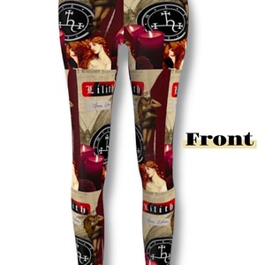 May include: Full-length leggings featuring a repeating graphic print with the text "Lilith" and "from Eden". The design includes illustrations of a woman with long hair, dark red candles, and black circular sigils on a beige and deep red background.
