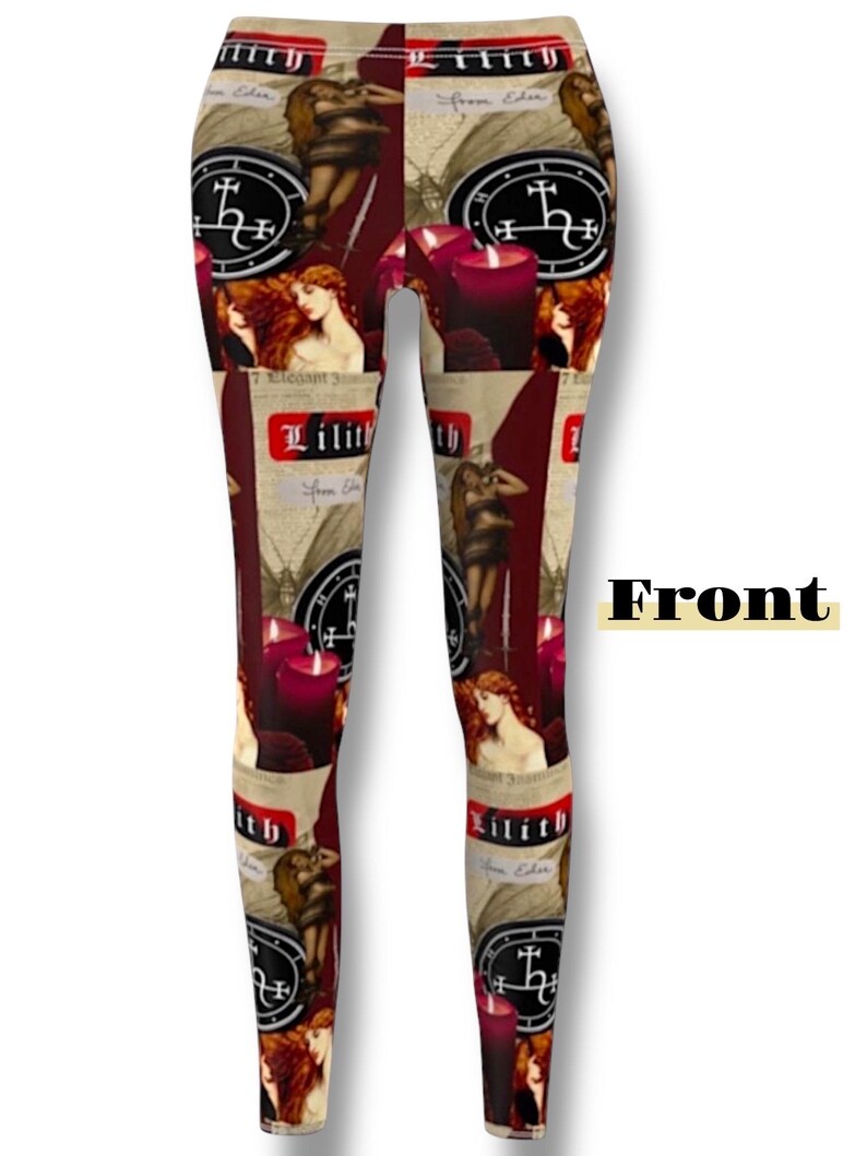 May include: Full-length leggings featuring a repeating graphic print with the text "Lilith" and "from Eden". The design includes illustrations of a woman with long hair, dark red candles, and black circular sigils on a beige and deep red background.
