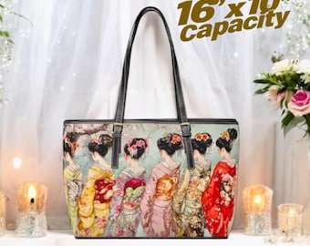 Japanese Geisha Tote Bag Ukiyoe Kimono Art Shoulder Bag Vegan Leather Purse