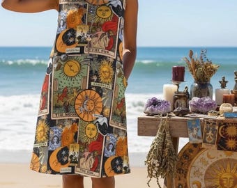 Tarot Cards Dress, Sun and Moon Tarot Dress, Moon Tarot Dress, Witchy Boho Dress, Major Arcana Dress, Boho Hippie Dress, Pagan Clothing