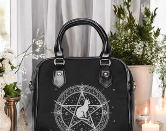 Pentagram kattenportemonnee, Witchy Pagan Star-schouderhandtas, occulte gotische zwarte portemonnee, goddelijke katachtige hekserijtas, Wicca Cat Lover-tas