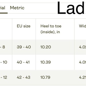 May include: A size chart for ladies' shoes, displaying US, EU, and inch measurements. Sizes range from US 7-8 (EU 39-40) with a 10.20-inch heel-to-toe length and 4.02-inch width, up to US 11-12 (EU 42-43) with 10.79-inch heel-to-toe and 4.21-inch width.