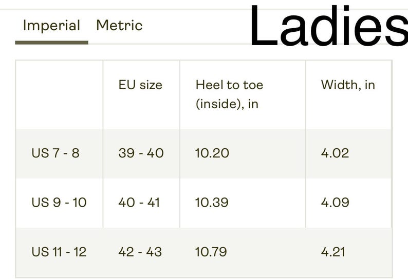 May include: A size chart for ladies' shoes, displaying US, EU, and inch measurements. Sizes range from US 7-8 (EU 39-40) with a 10.20-inch heel-to-toe length and 4.02-inch width, up to US 11-12 (EU 42-43) with 10.79-inch heel-to-toe and 4.21-inch width.