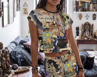 Tarotcore Witch Loungewear Set, Star Tarot Skull Cauldron Two Piece Sleepwear, Diviner Witch Gift