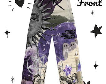 Witchy Women&#39;s Pajama Pants, Celestial Lounge Wear, Moon Phase Occult Print, Gothic Wiccan Style, Halloween Sleepwear