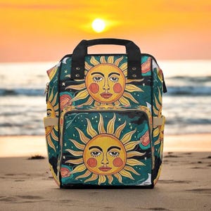 Mochila con cara de sol celestial y estilo retro místico: mochila inspirada en la astrología y la adoración al sol para amantes del zodíaco con estilo de brujas cósmicas.