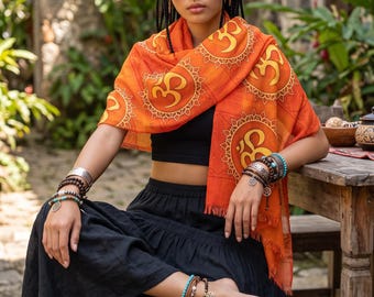 Om Lotus Mandala Scarf, Orange Sacred Symbol Wrap Shawl, Spiritual Yoga Fringe Scarf, Meditation Gift