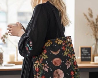 Månfas canvasväska, Witchcore Celestial axelväska, Mörk Cottagecore blommig väska, Lunar botanisk häxväska