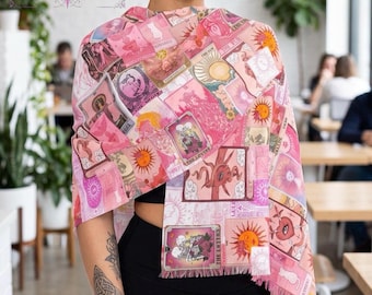 Witchy Pink Tarot Cards Pattern Scarf, Fortune Card Print Lightweight Fringe Shawl, Magical Mystic Accessory Witch Wrap