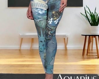 Aquarius Zodiac Leggings Celestial Astrology Yoga Pants Blue Cosmic High Waisted Leggings