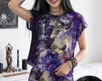 Dark Fantasy Whimsigoth Pajama Set, Raven Rose Celestial Sleepwear, Steampunk Two Piece Loungewear, Surrealist Gift