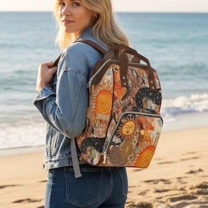 Mochila Celestial Sun Moon para mujer, bolso escolar de viaje, bolso de libros con diseño de patchwork del zodíaco, bolso bohemio místico de astrología, regalo para ella, bolso de lona.