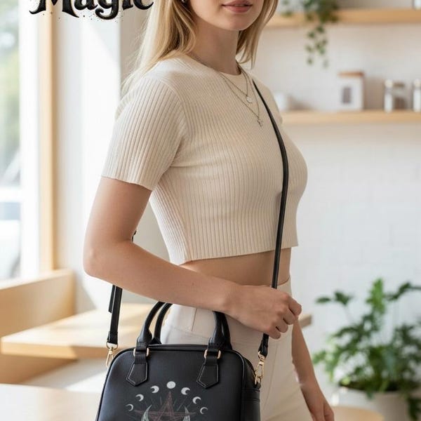 Witchy Crossbody Bag for Women, Moon Phase Pentacle Purse, Pagan Crescent Handbag, Celestial Witch Shoulder Bag, Wiccan Gift for Her