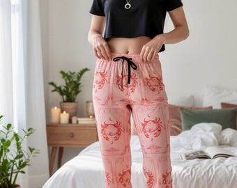 Cancer Zodiac Pajama Pants for Women, Astrology Lounge Pants, Celestial Crab Sleepwear, Horoscope Gift for Cancer Sign