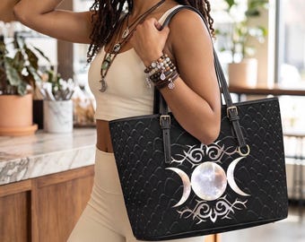 Gothic Triple Moon Handbag, Witchy Opal Snakeskin Tote, Mystic Goddess Symbol Purse, Maiden Mother Crone Gift