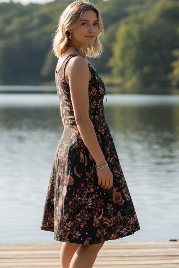 Witchcore Moon Phase Dress, Celestial Botanical Sundress, Dark