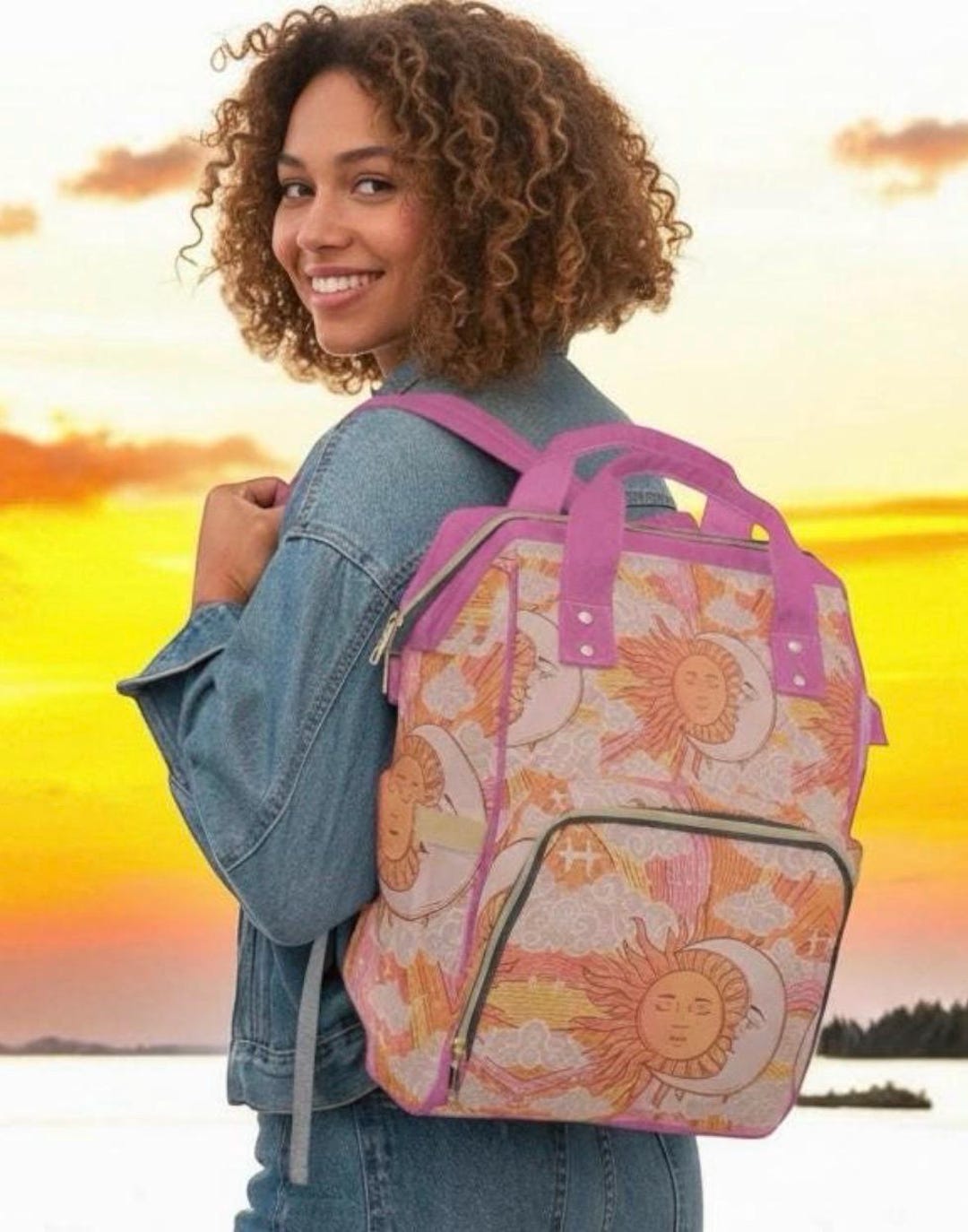 Celestial Backpack Sun Moon Bag Zodiac Print School Travel  display picture 1