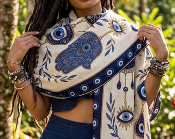 Mystical Eye Scarf, Boho Hamsa Hand Shawl Wrap, Turkish Nazar Print Fringe Scarf, Witchy Wrap, Kabbalah Gift