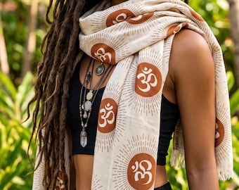 Om Vibration Scarf, Sound Frequency Symbol Wrap, Boho Mantra Prayer Fringe Shawl, Devotee Gift