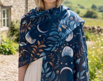 Moon Phase Botanical Scarf, Lunar Fern Leaf Wrap Shawl, Celestial Nature Witch Shawl, Dark Moon Botanical Pagan Gift