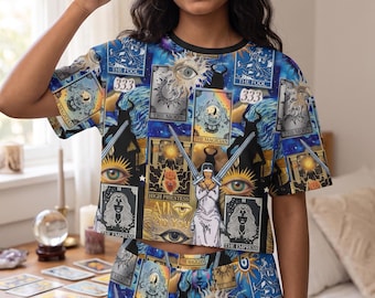 Cosmic Tarot Card Spread Pajama Set, Occult Reading Aesthetic Sleepwear, Esoteric Witch Loungewear, Manifestation Gift