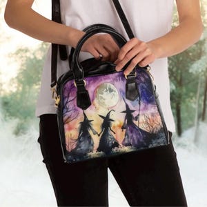 Witchy Moon Phase Purse, Gothic Witches Handbag with Full Moon & Forest Scene | Celestial Halloween Shoulder Bag for Women