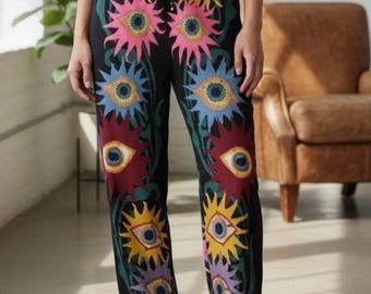 Evil Eye Pants, Boho Evil Eyes Sunburst Print Lounge Pants, Mystical Eye Print Gift, Dark Witchy Black Wide Leg Loungewear
